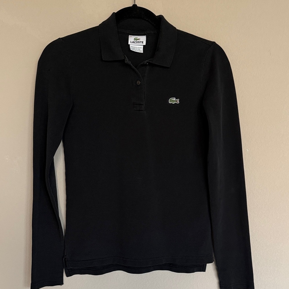 Lacoste Women’s/Girl’s Black Long Sleeve Polo with Green Logo. Size 34